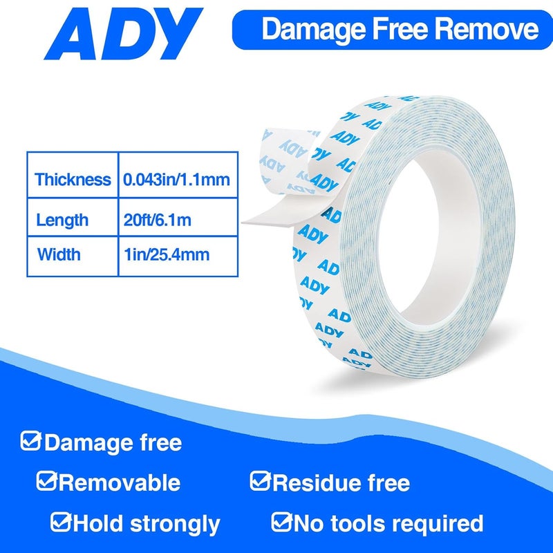 ADY Double Sided Tape for Walls Removable Heavy Duty 1in x 20ft, Mounting Tape No Nail Drilling,Picture Hanging Adhesive Strips Damage Free for Rent Room, Poster Stick Tape - Image 2